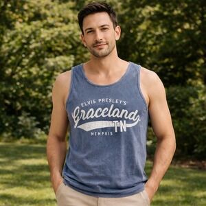 Graceland Elvis Presley Memphis TN Graphic Muscle Tank Blue Mineral Wash Small